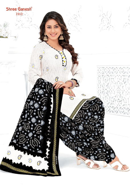 Shree Ganesh White And Black Printed Cotton Dress Material Catalog